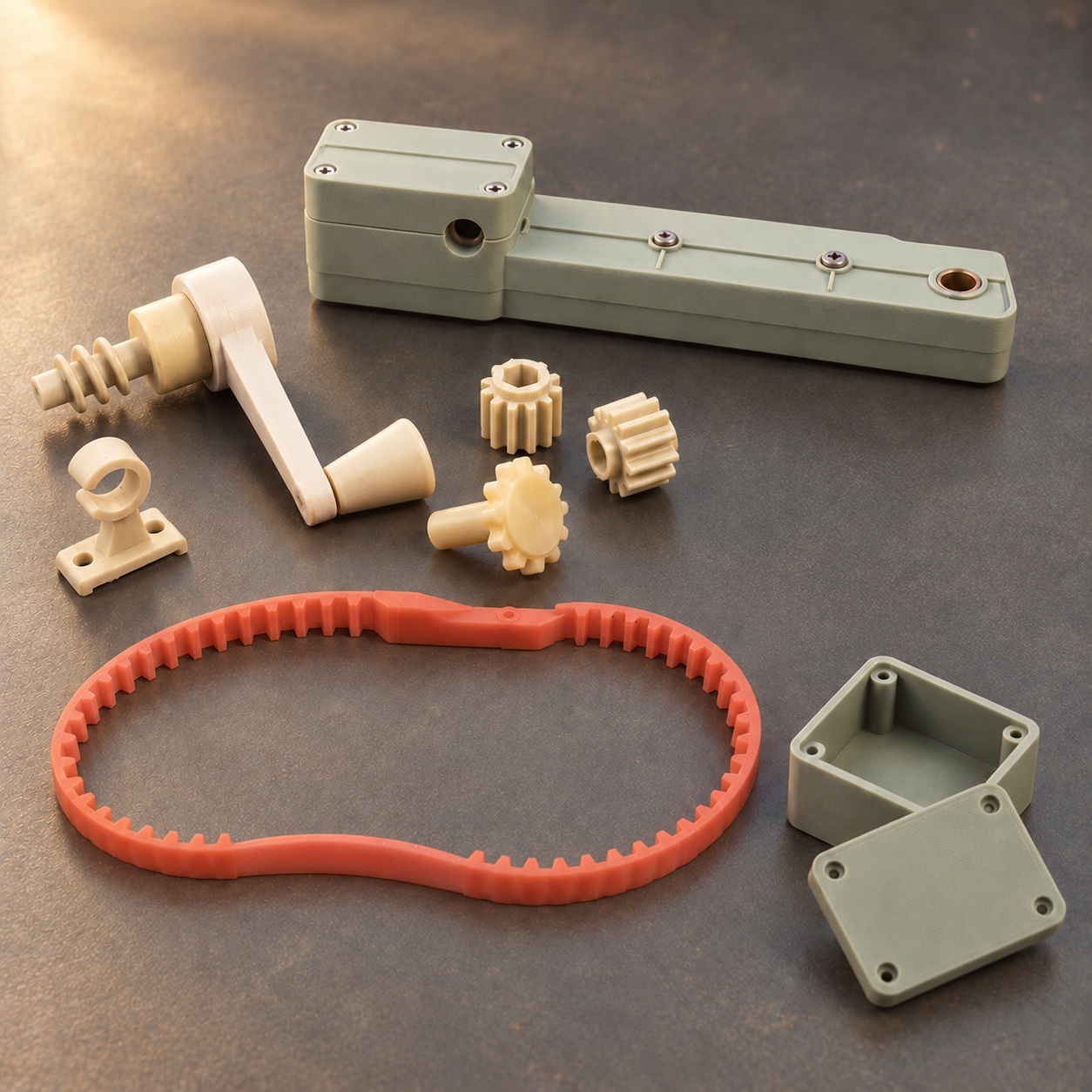 An arrangement of small fittings, gears, a winding mechanism and a toothed belt.